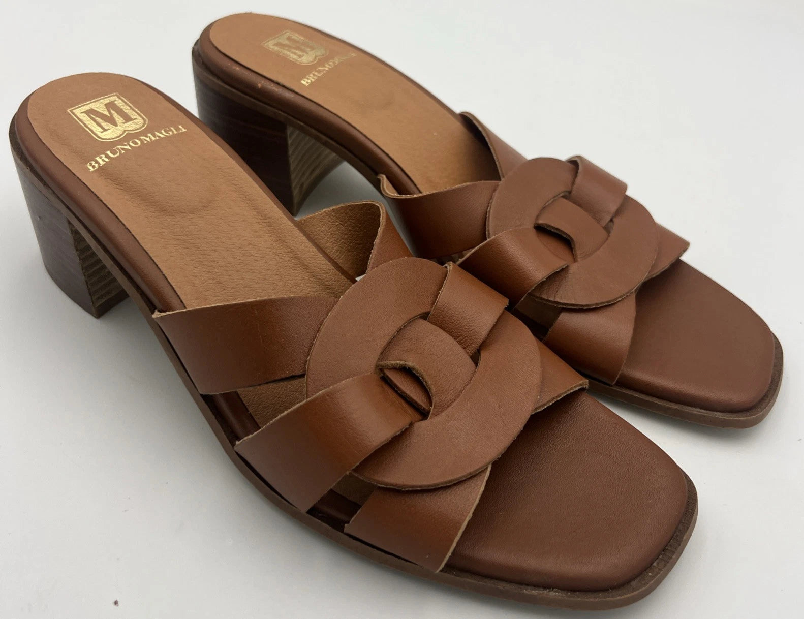BRUNO MAGLI ARIA Block Heel Brown Leather Slide Sandal Women's Size 9M NEW