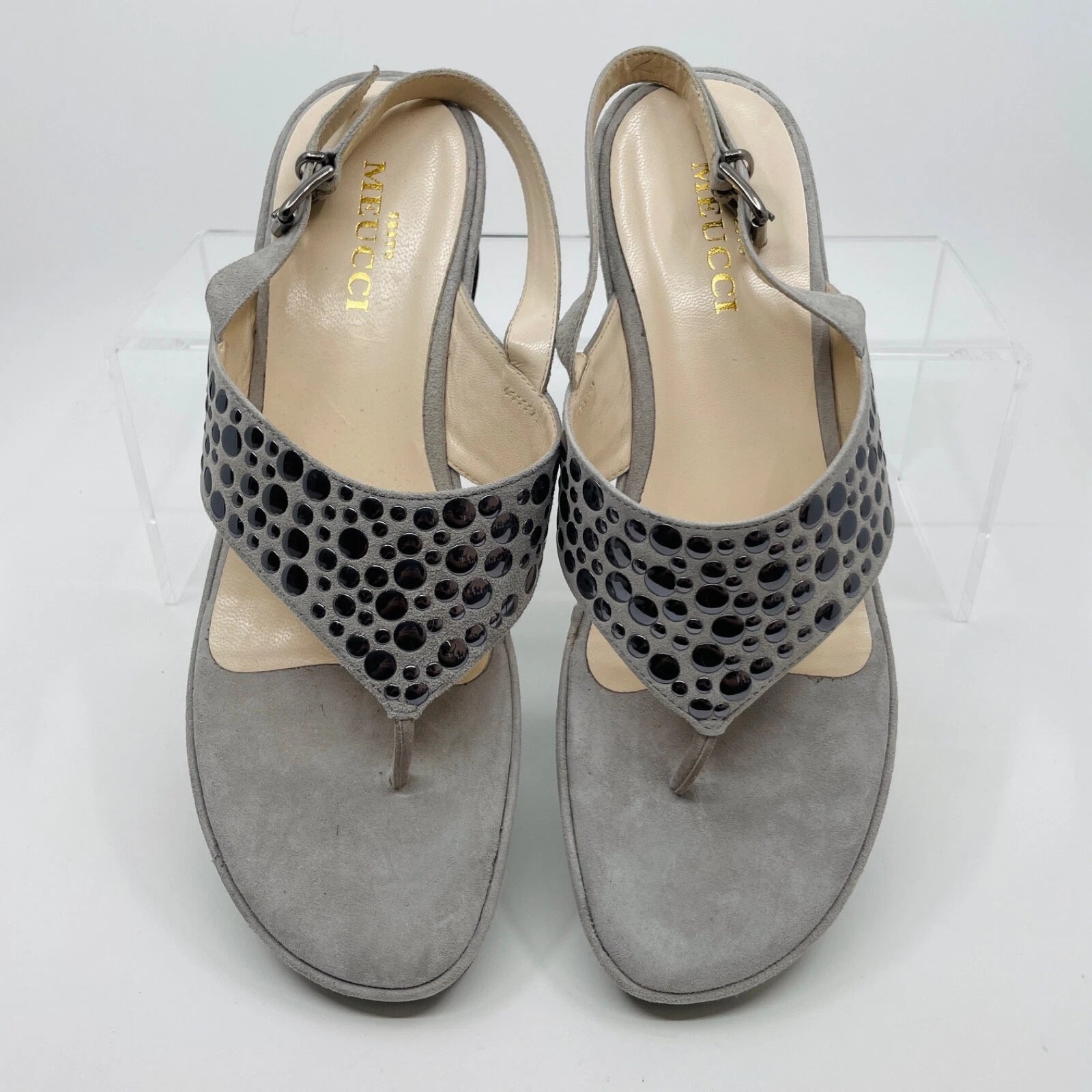 Sesto Meucci Size 10 Gray Suede & Silver Dots Wedge Toe Post Sandals NEW