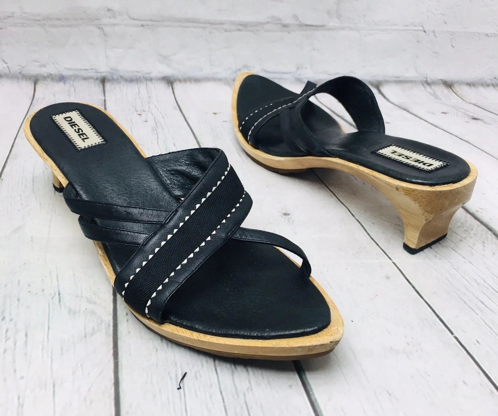 Diesel Black Leather Wooden Heel Slide Sandals Women’s Size 9 Point Toe Strap