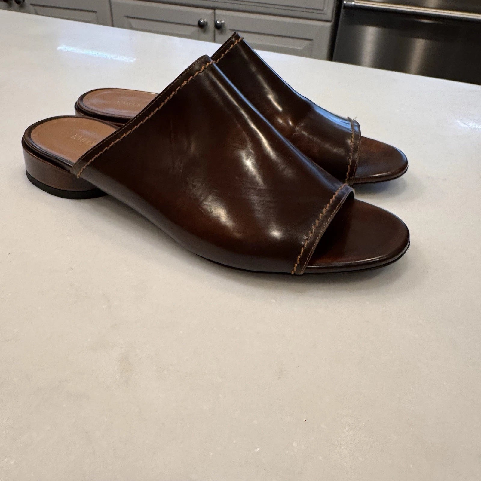 Emporio Armani Women’s Open Toe Slide Mules Brown Leather Size US 9 EU 39