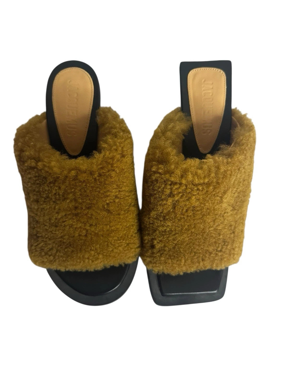 Jacquemus Les Mules Carre Rond Khaki Lambswool Shearling Heel Sandal Designer 39