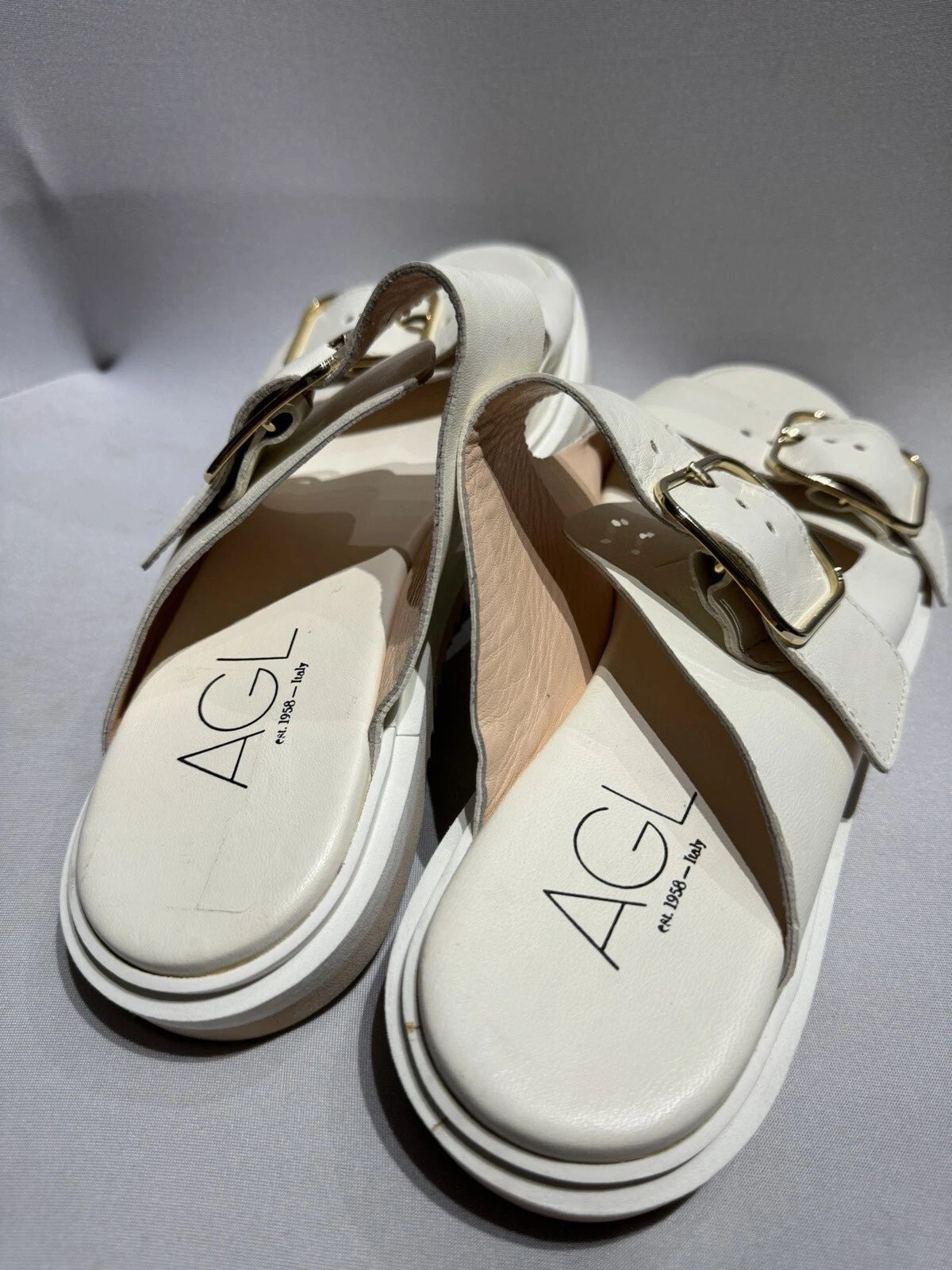 New Women's AGL Off White Sabina Leather Buckle Slide Sandals 39 EUR US 8-8.5