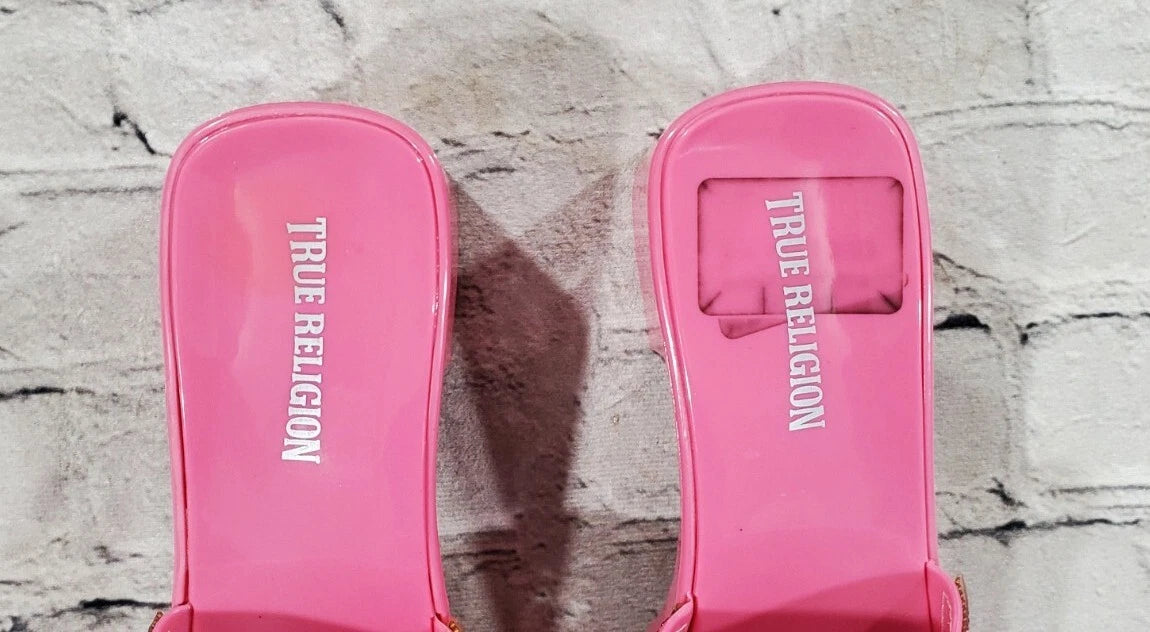 True Religion Bling Silver Pink Stoned Sandals Block Heels WOMENS SIZE 11