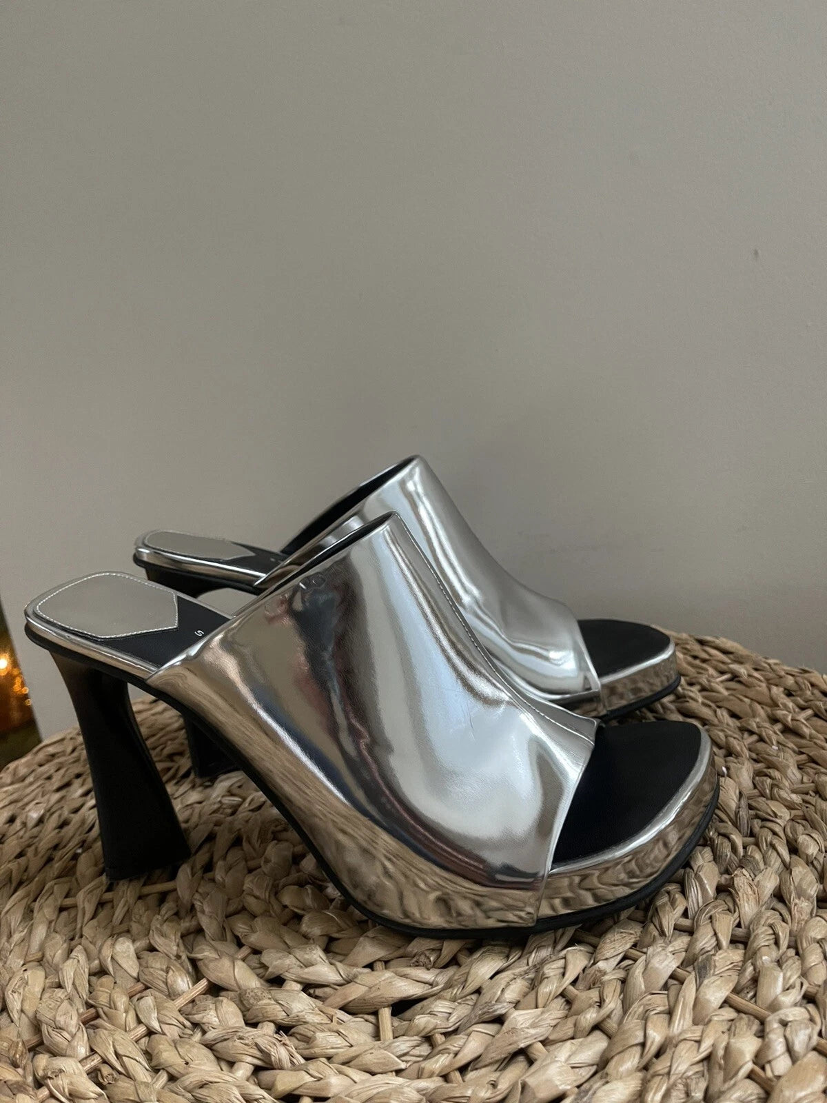 Stella Mccartney Ladies Silver Metallic Elsa Mirror Slide Sandals Mules, 39, 9