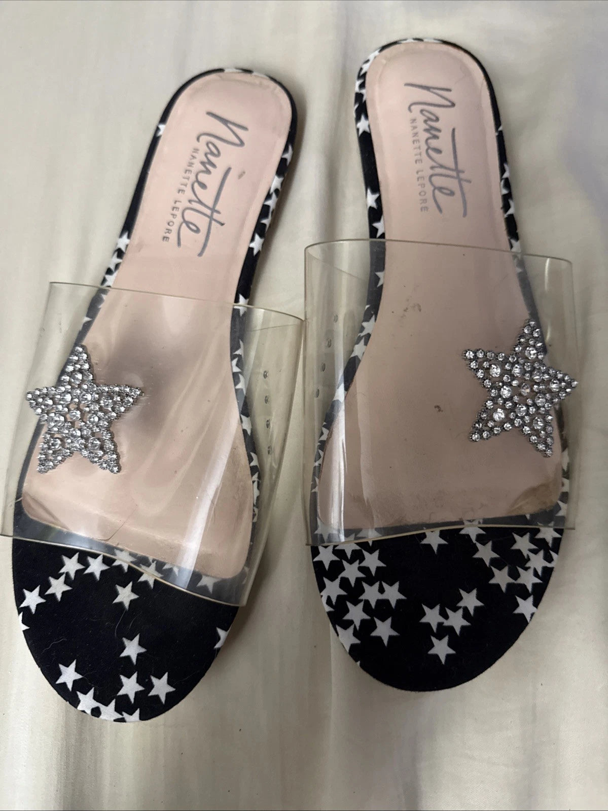 Nanette Lepore Women's Sandals Jeweled Transparent Star Flats Slip On Sz 7.5