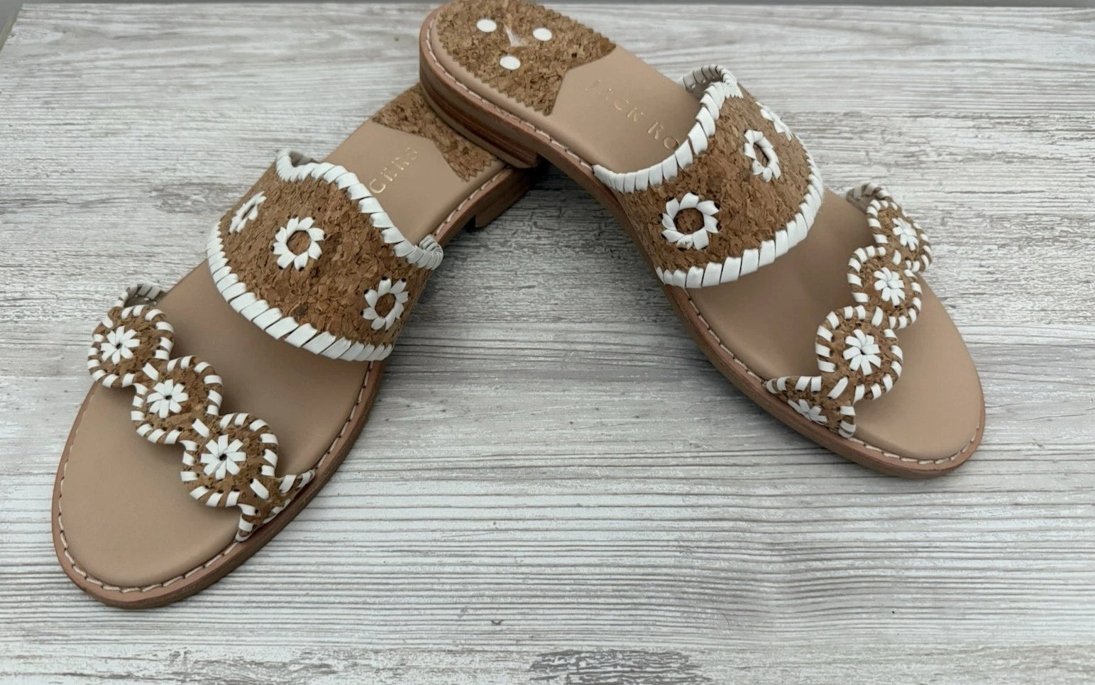 Jack Rogers Caroline Sandal Natural Tan Cork White Stitched Flat Slide  Size 9 M