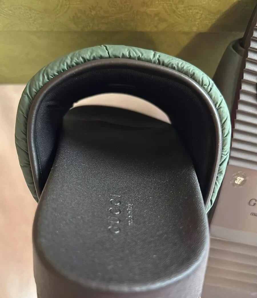 Gucci Web Puffer Nylon Slides Sandals Sz 37 Made In Italy BNIB