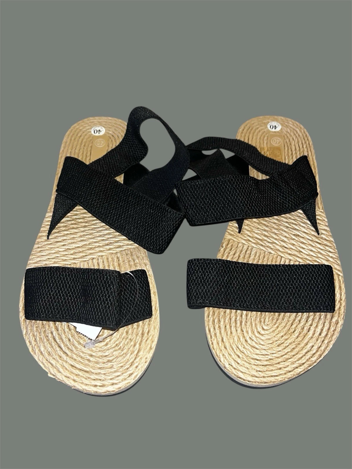 Black Woven Strap with Straw Style Sole Sandals Size 9.5 (40)