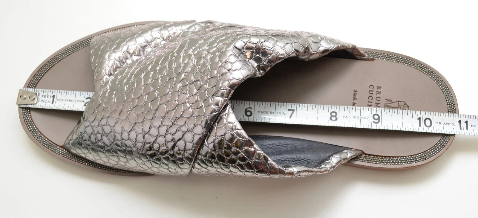 Brunello Cucinelli Reptile Print Metallic Silver leather Slide Sandals  Sz EU 40