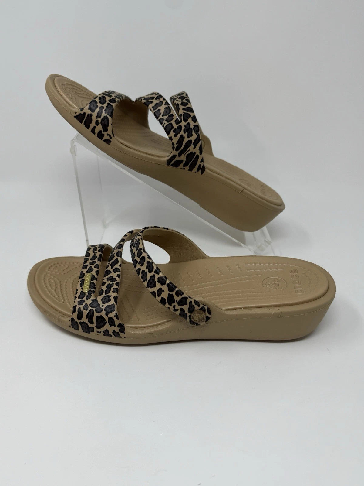 Crocs Patricia II Leopard Wedge Tan Slide Sandals W10 Women's Size 10 EUC