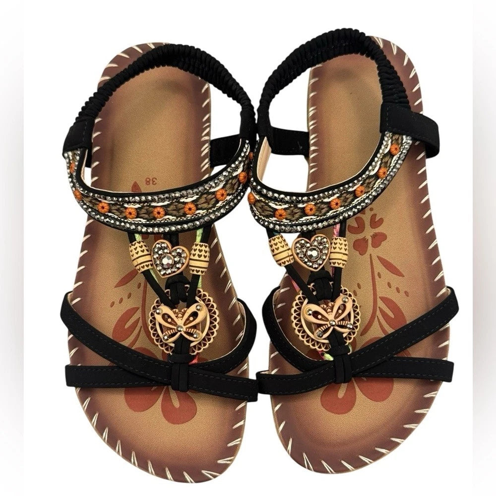 Fashion Women's Sandals Flat Rhinestone Elastic Band Comfy Studded Shoes Size 7