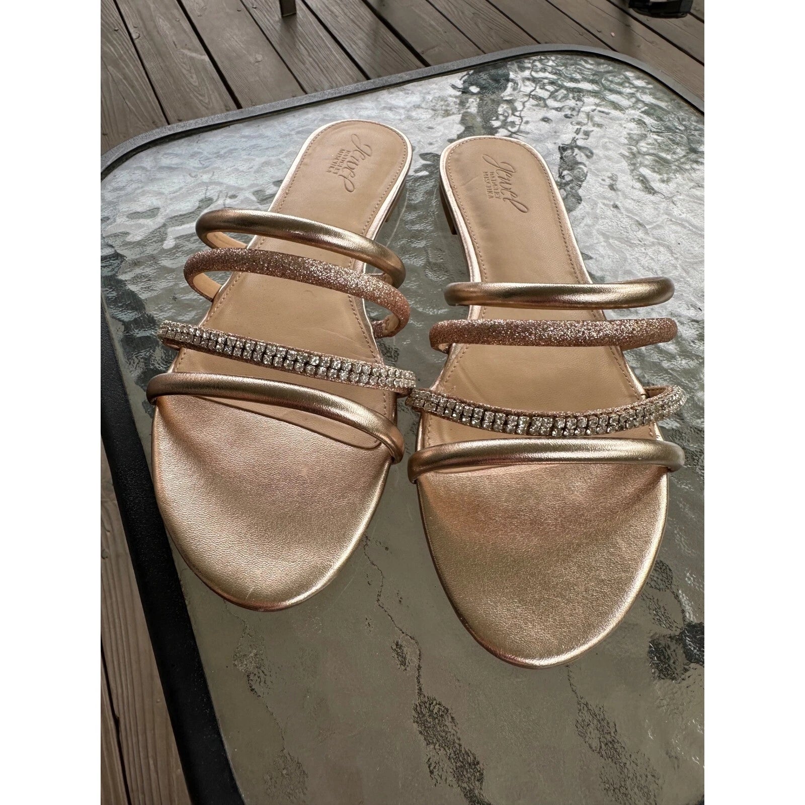 Jewel Badgley Mischka Sandals Rhinestone Straps Slides Sparkle Gold 9.5