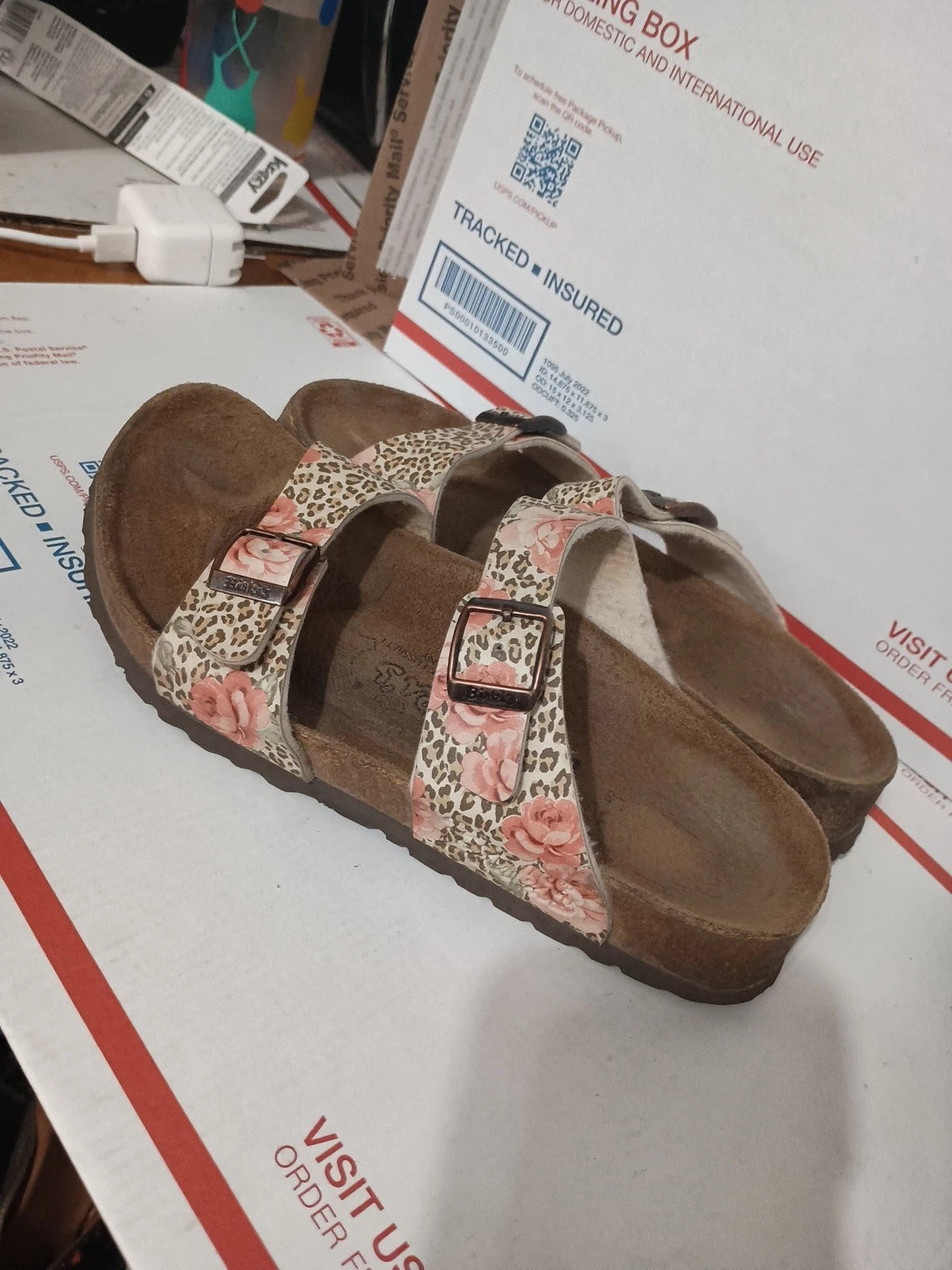 Birki's Arizona Cheetah Rose Design Cork Bed Sandal Slides Sz 36 Animal Print