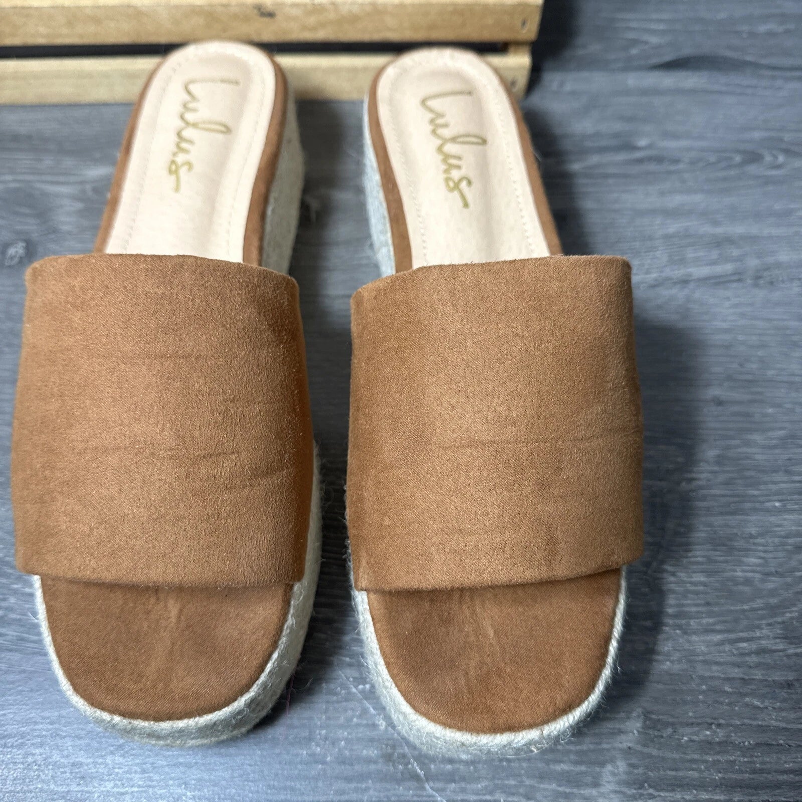 Lulu’s Rust Faux Suede Espadrille Platform Wedge Slides Sandals 10 PreOwned