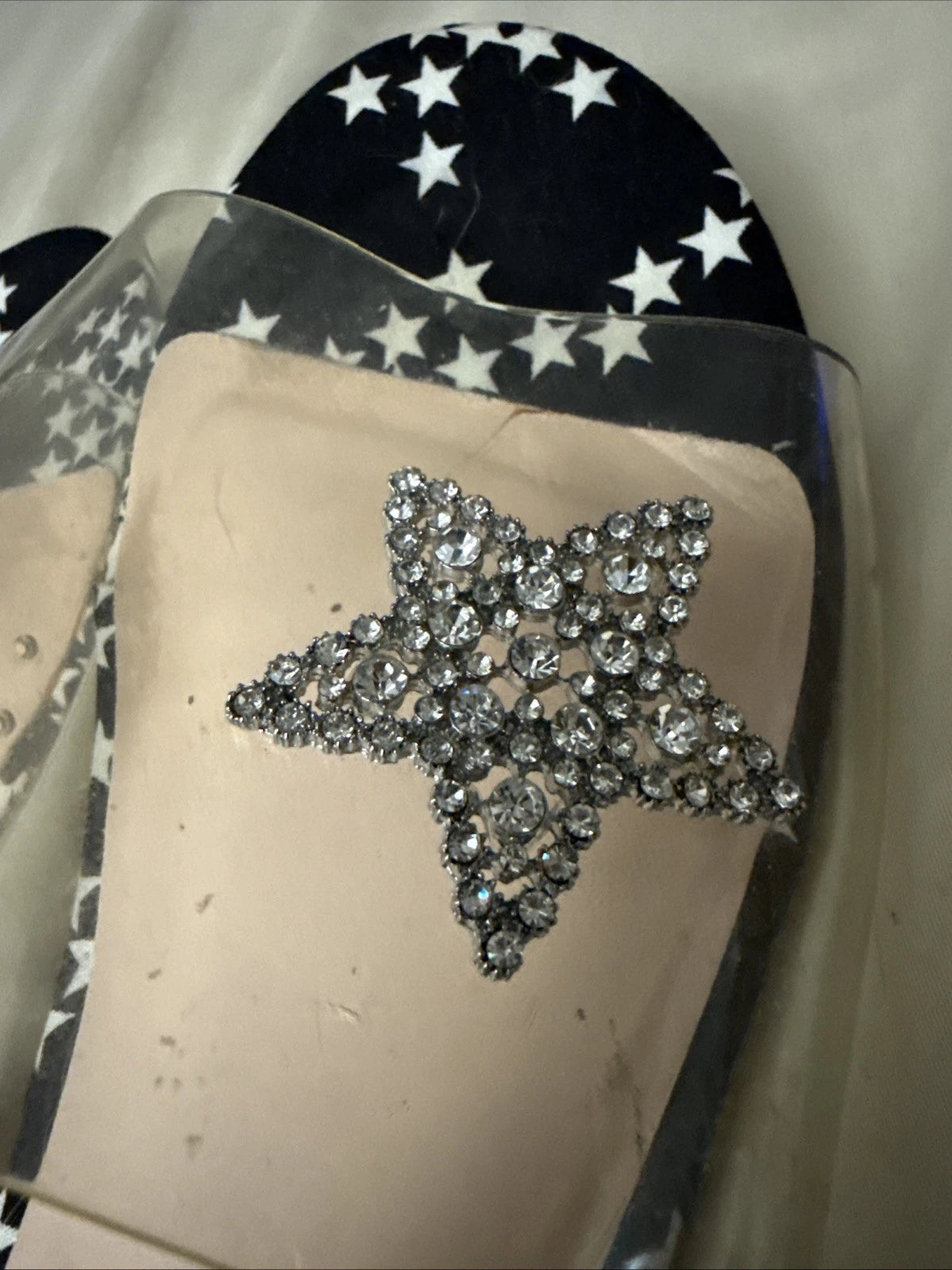 Nanette Lepore Women's Sandals Jeweled Transparent Star Flats Slip On Sz 7.5