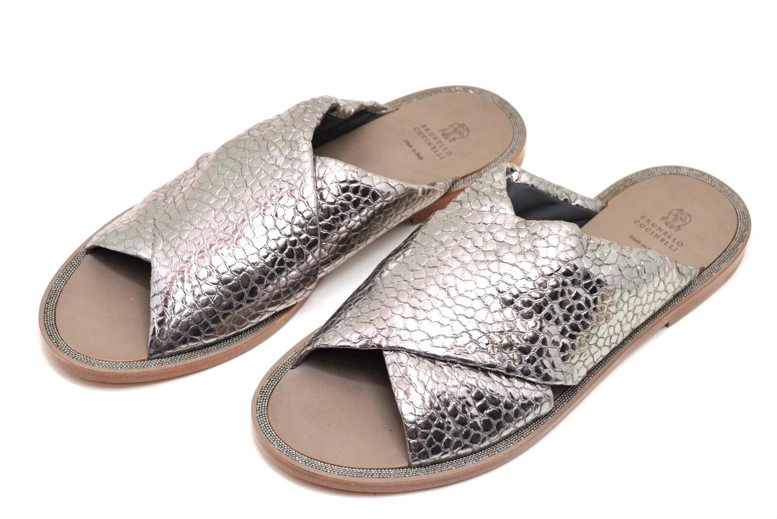 Brunello Cucinelli Reptile Print Metallic Silver leather Slide Sandals  Sz EU 40