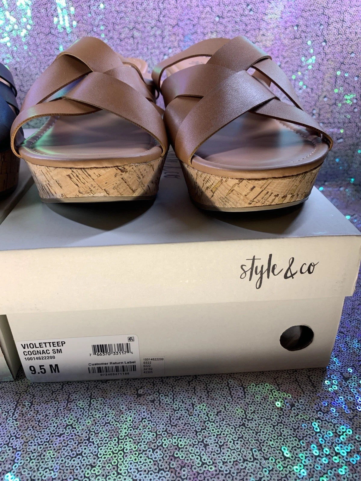 STYLE & CO Women's Black & Brown Smooth Violettee Slide Wedge Sandals SZ 9.5