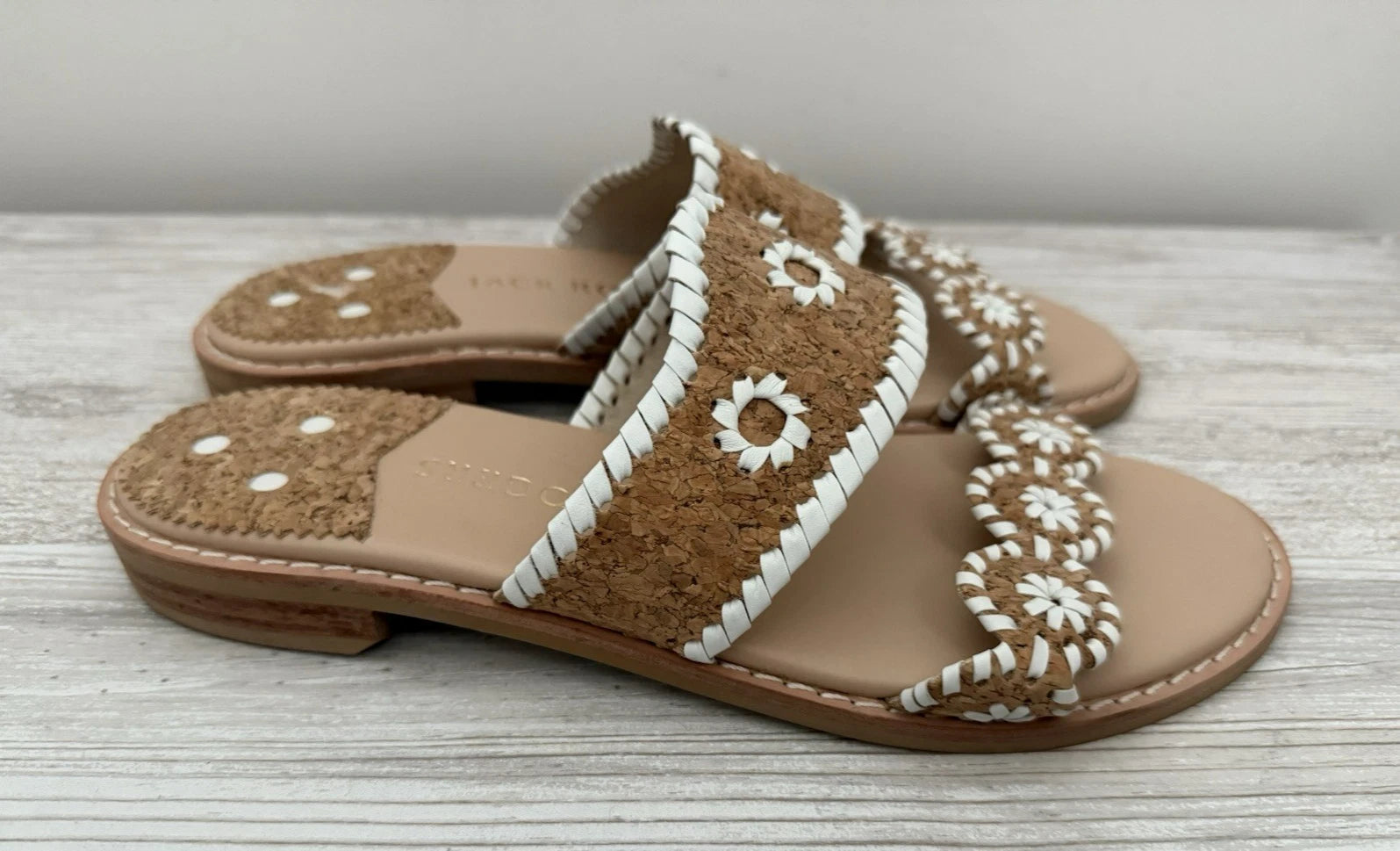 Jack Rogers Caroline Sandal Natural Tan Cork White Stitched Flat Slide  Size 9 M