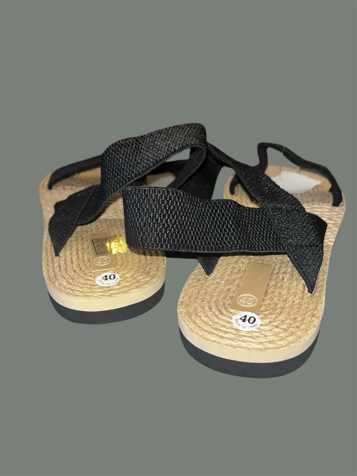 Black Woven Strap with Straw Style Sole Sandals Size 9.5 (40)