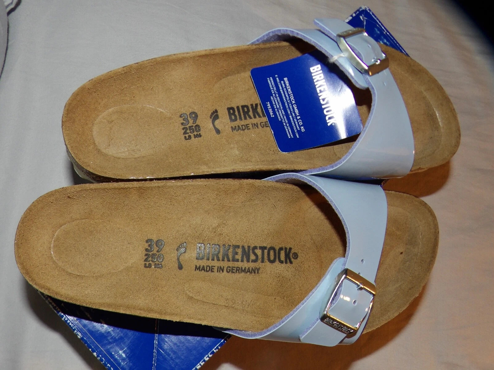 Birkenstock Madrid Big Buckle Lady Narrow Size 8 Patent Dove Blue Leather Sandal