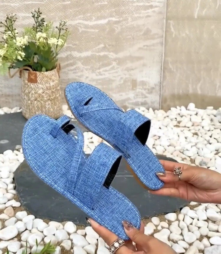 Fashion Blue Summer Statement Denim Thong Toe Designed Flat Sandals  Slides Shoe