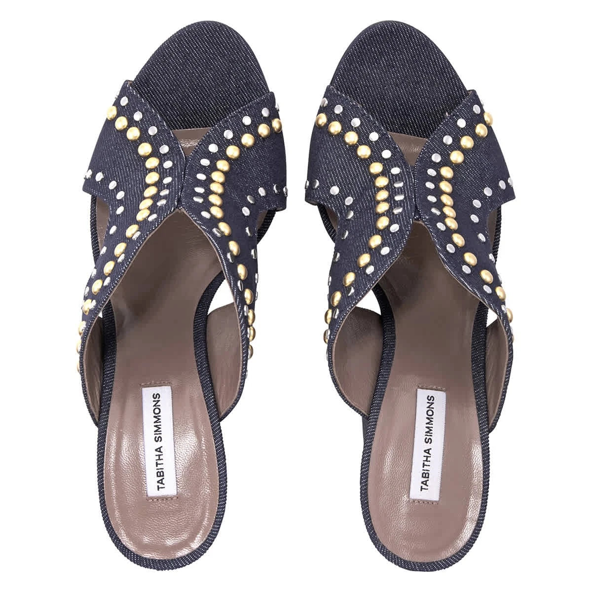 Tabitha Simmons Celia Studded 100mm Denim Slide Sandals, Brand Size 38 (US Size