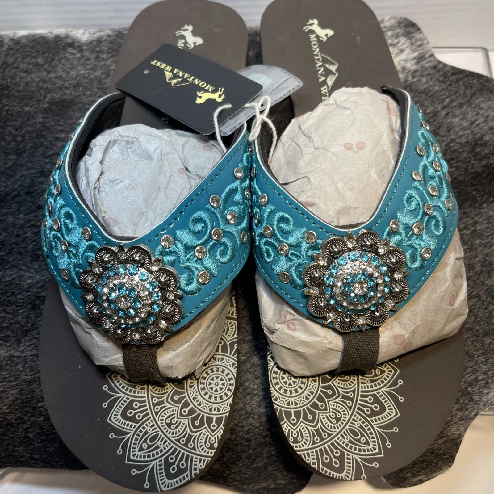 Montana West Teal Scroll Rhinestones/Studs Western Style Wedge Sandals Sz11-11.5