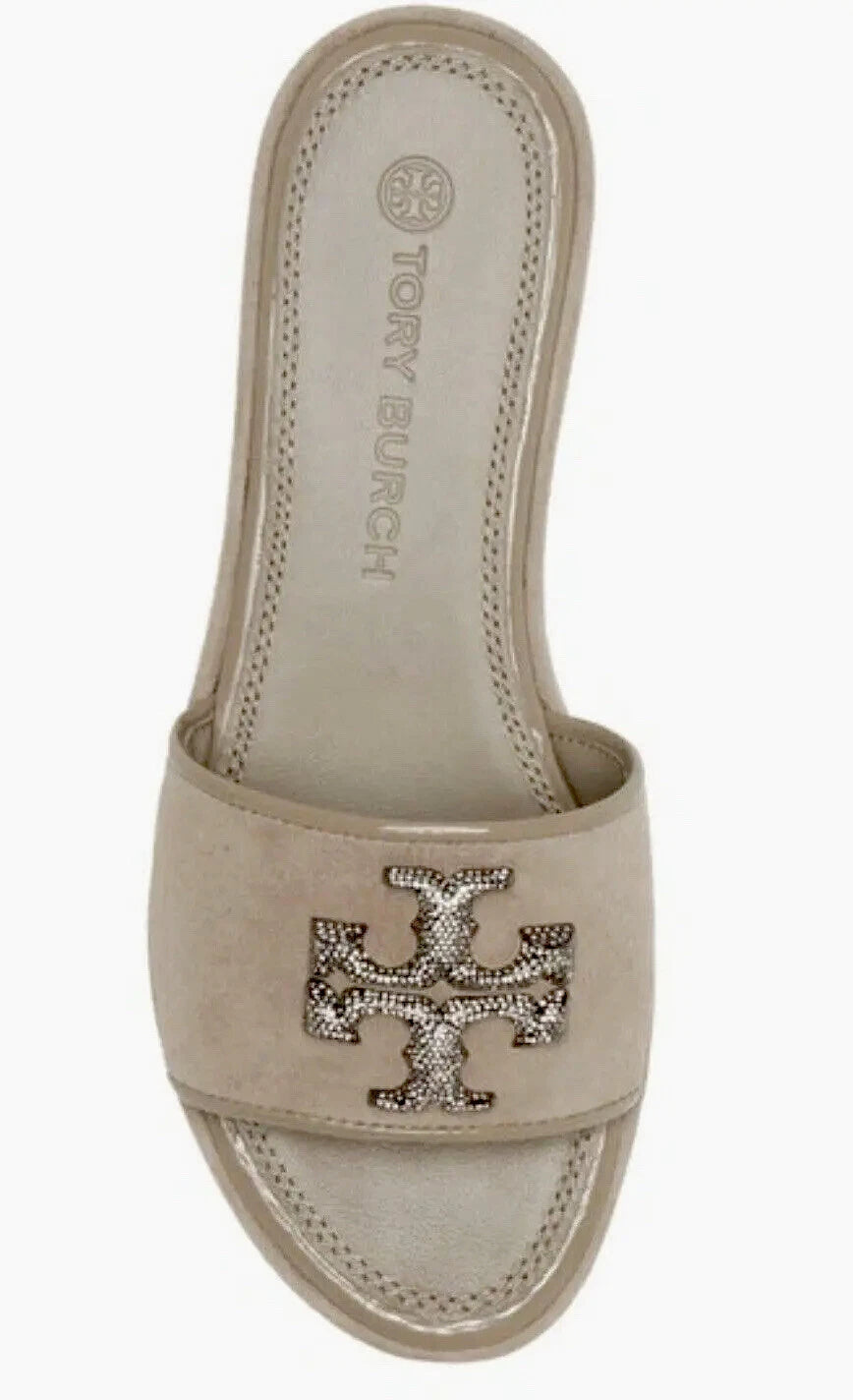 TORY BURCH ELEANOR HEELED SLIDE CRYSTAL LOGO GRAY HERON SUEDE SZ US 8 NIB