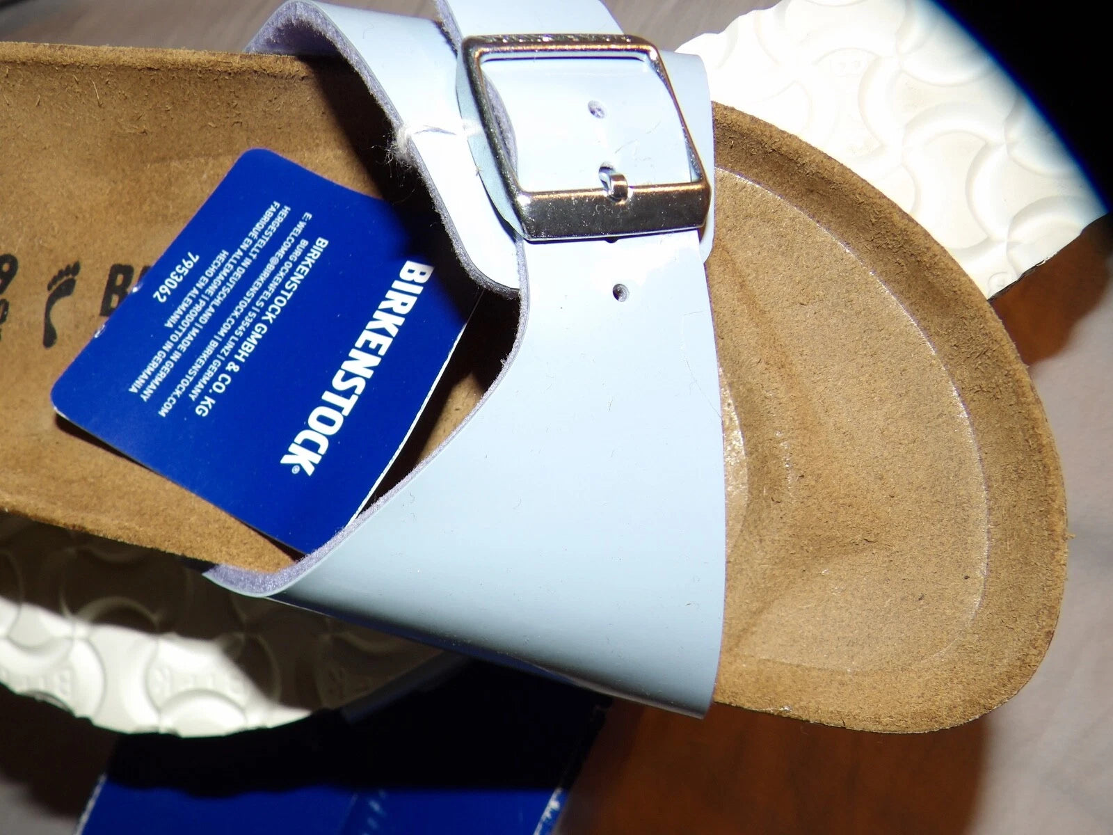 Birkenstock Madrid Big Buckle Lady Narrow Size 8 Patent Dove Blue Leather Sandal