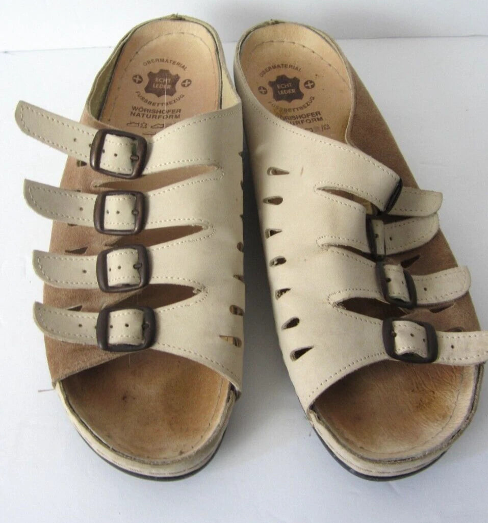 Echt Leder Sandals Womens Strappy Slides Tan/Taupe Leather Size 42 US 10.5-11