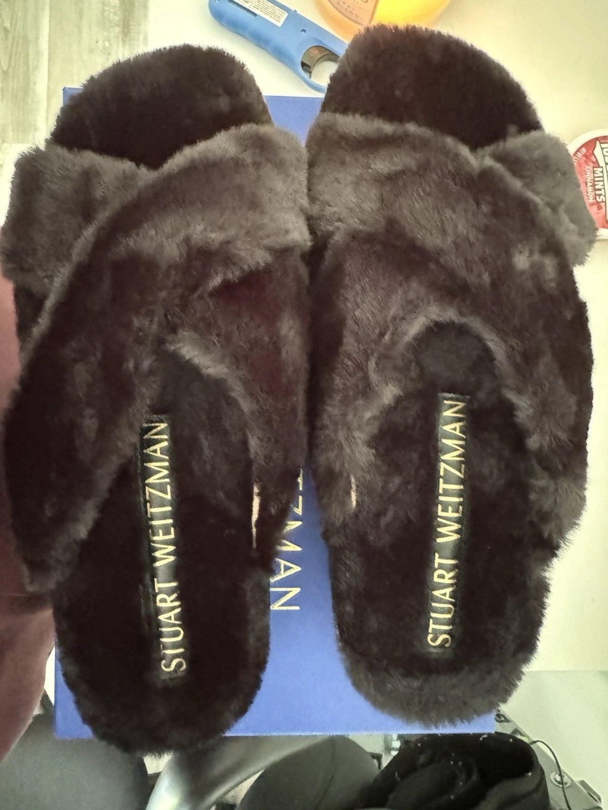 Stuart Weitzman Roza Lift Chill Slide Women's 7.5 Black Fur Sandal