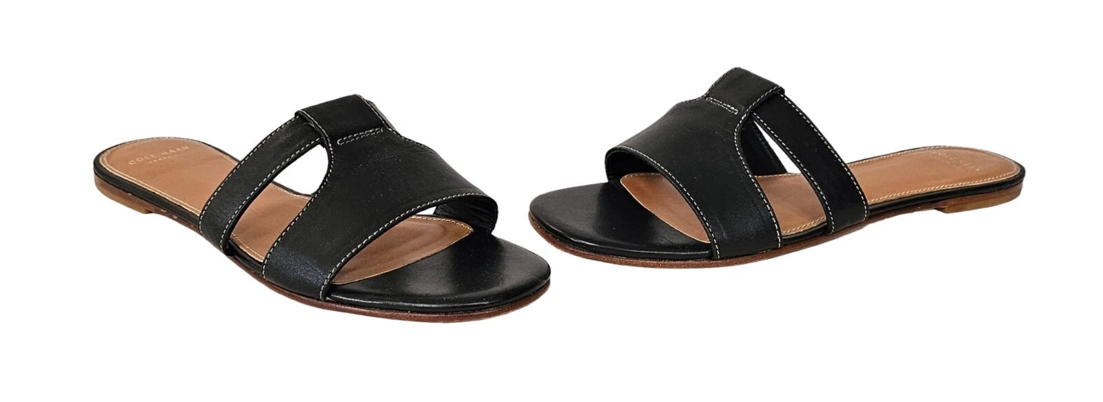 COLE HAAN Mesi Black Leather Grand OS Flat Slide Sandals Sz 8