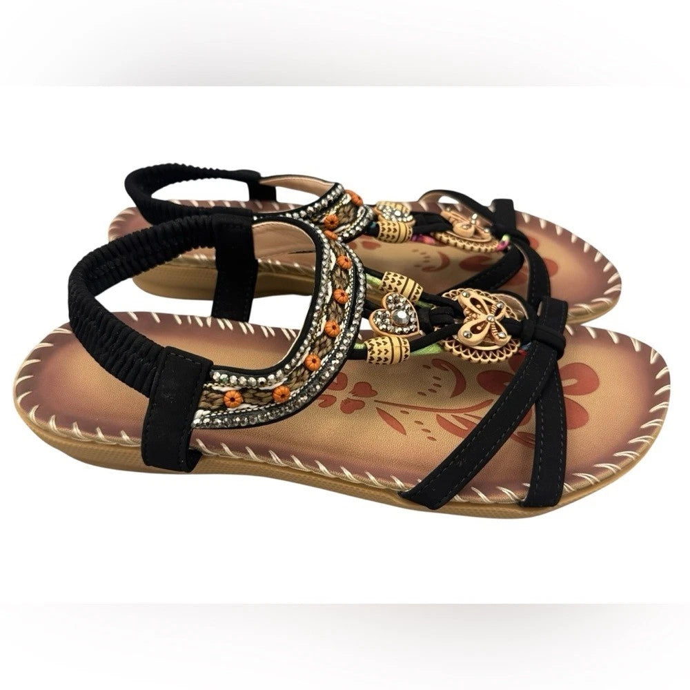 Fashion Women's Sandals Flat Rhinestone Elastic Band Comfy Studded Shoes Size 7