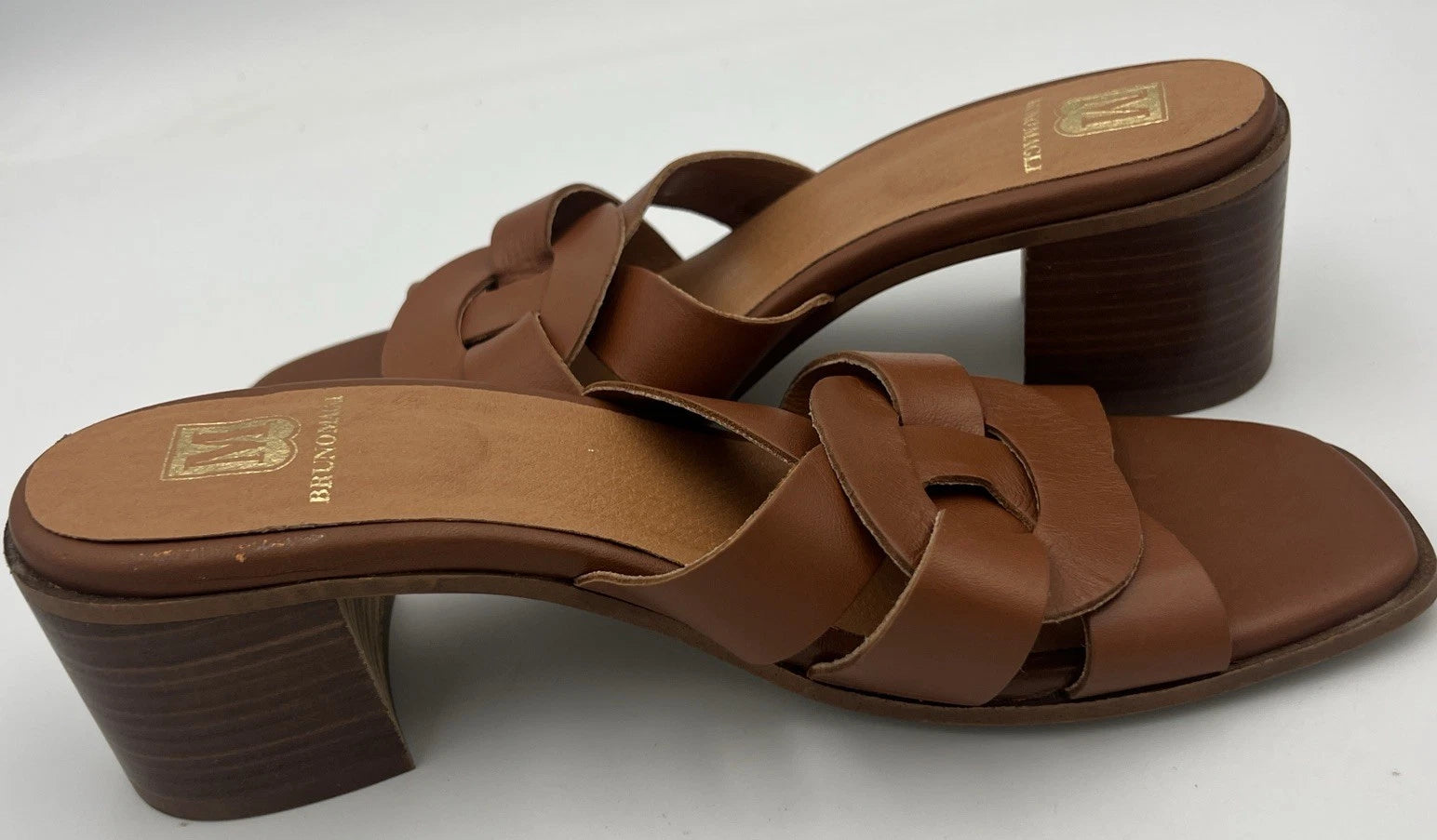 BRUNO MAGLI ARIA Block Heel Brown Leather Slide Sandal Women's Size 9M NEW