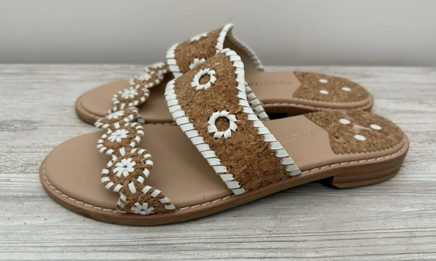 Jack Rogers Caroline Sandal Natural Tan Cork White Stitched Flat Slide  Size 9 M