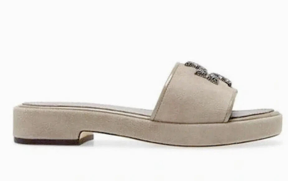 TORY BURCH ELEANOR HEELED SLIDE CRYSTAL LOGO GRAY HERON SUEDE SZ US 8 NIB