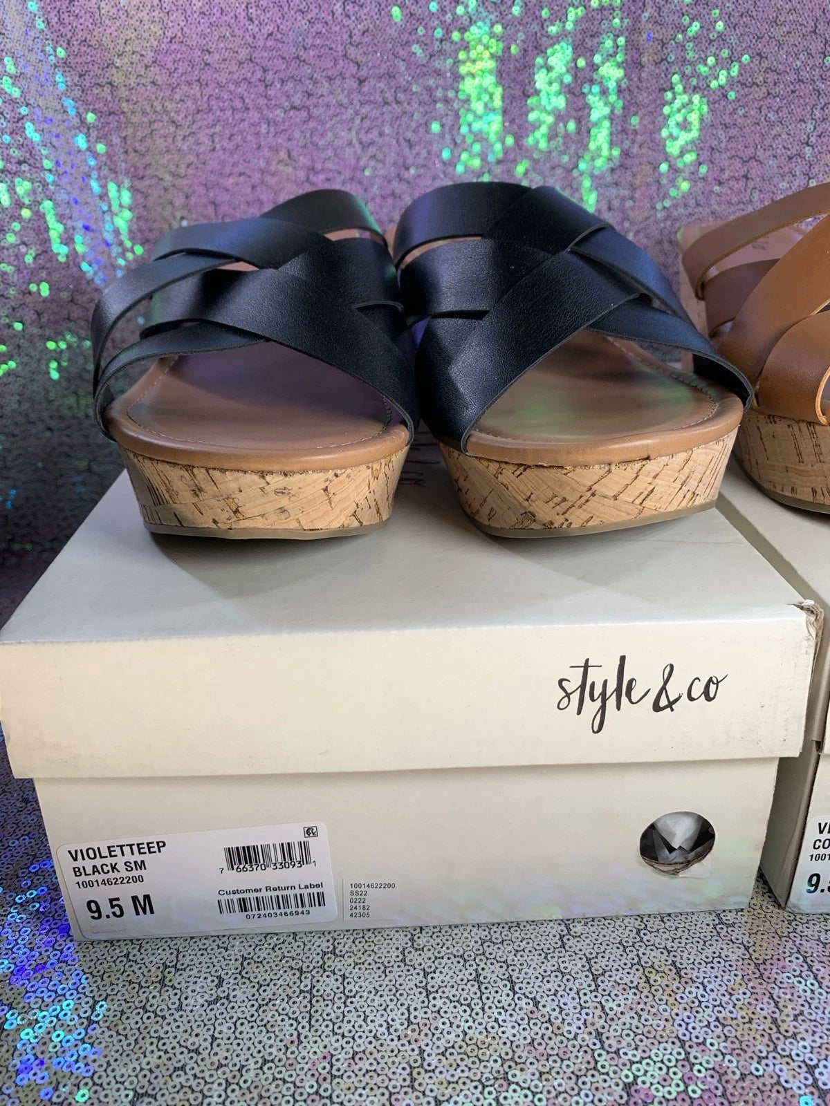 STYLE & CO Women's Black & Brown Smooth Violettee Slide Wedge Sandals SZ 9.5
