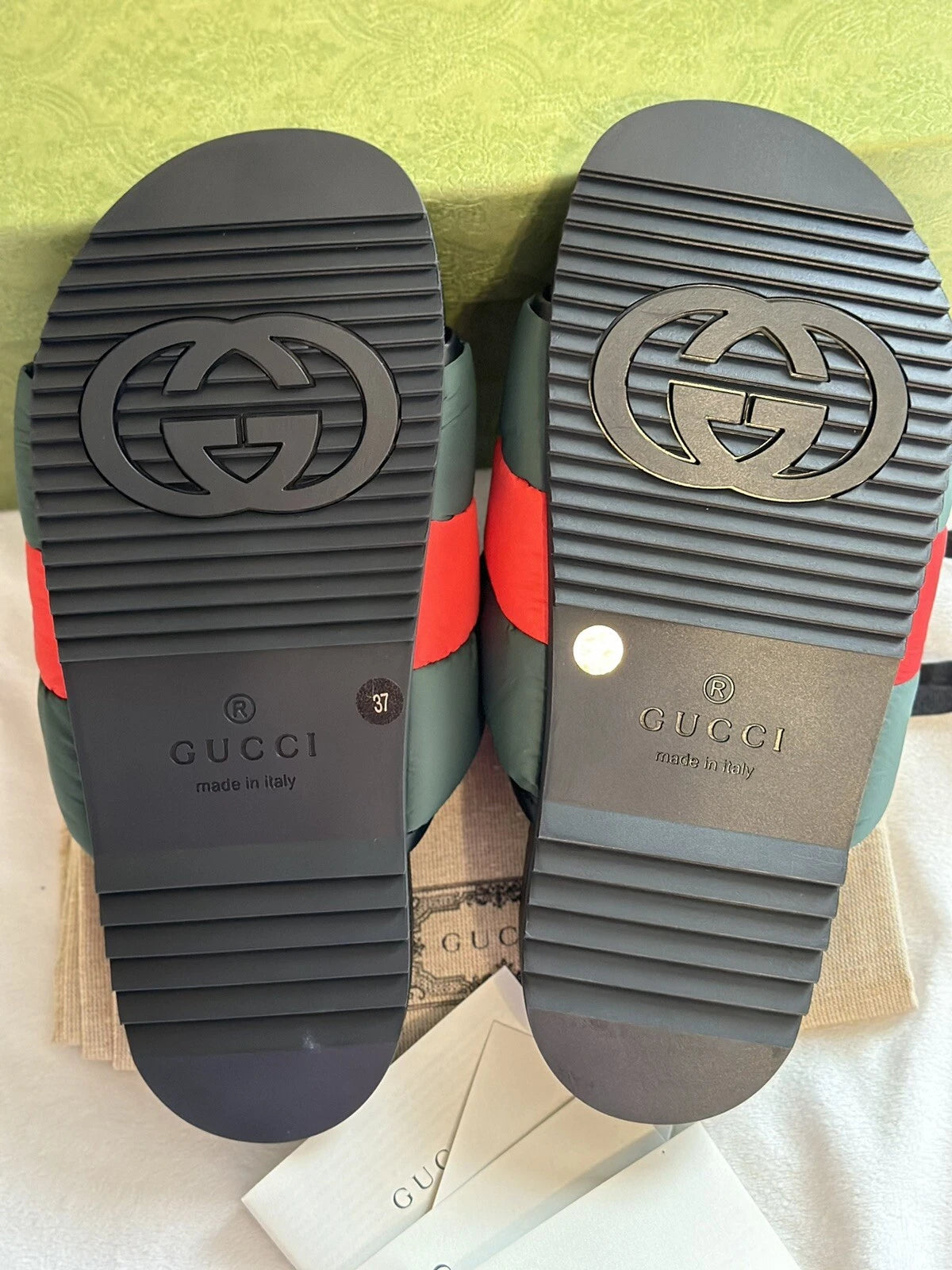 Gucci Web Puffer Nylon Slides Sandals Sz 37 Made In Italy BNIB