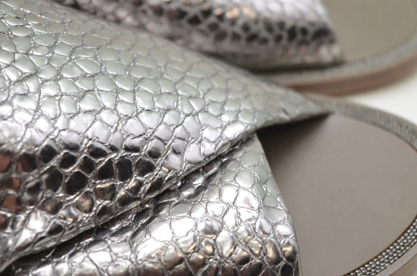Brunello Cucinelli Reptile Print Metallic Silver leather Slide Sandals  Sz EU 40