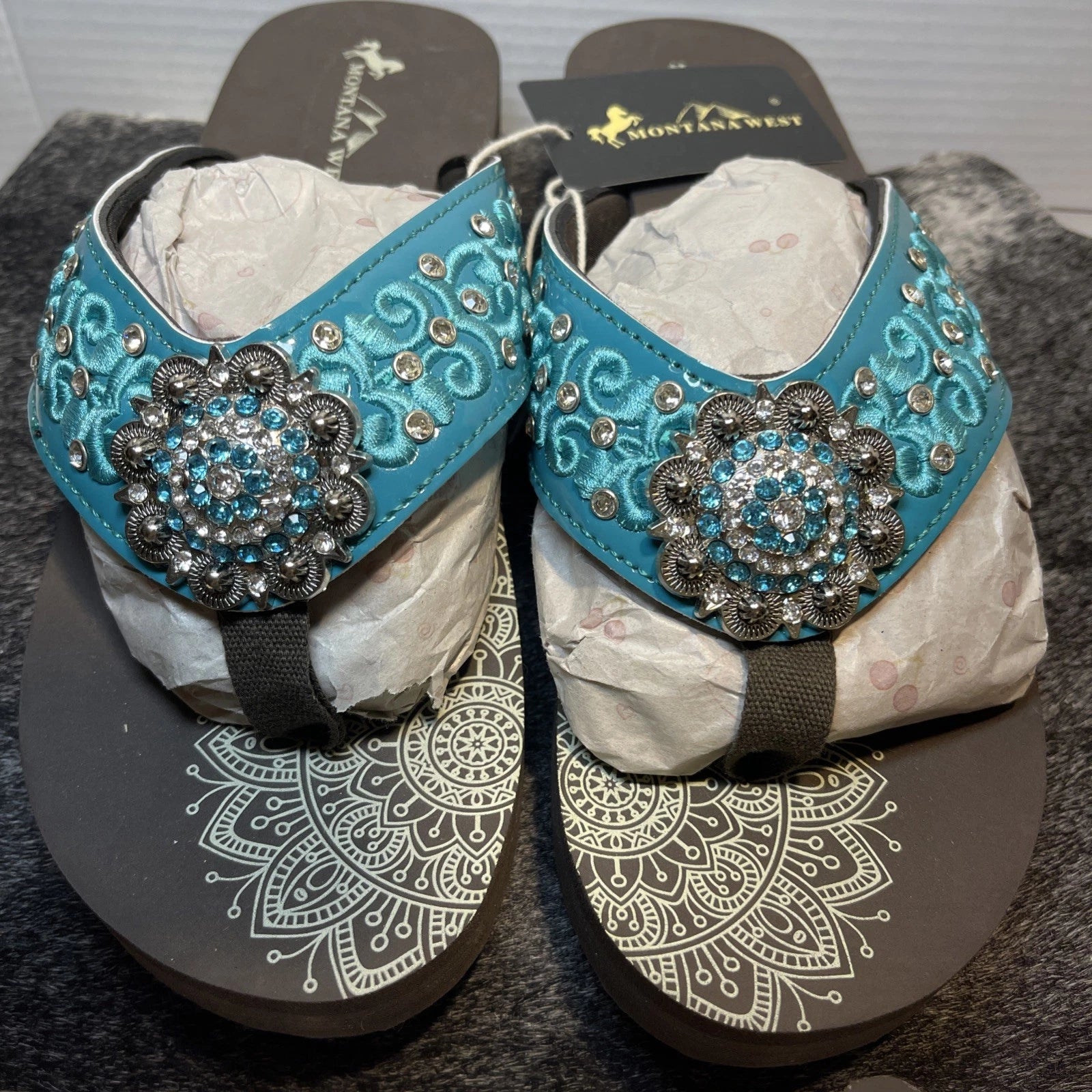 Montana West Teal Scroll Rhinestones/Studs Western Style Wedge Sandals Sz11-11.5