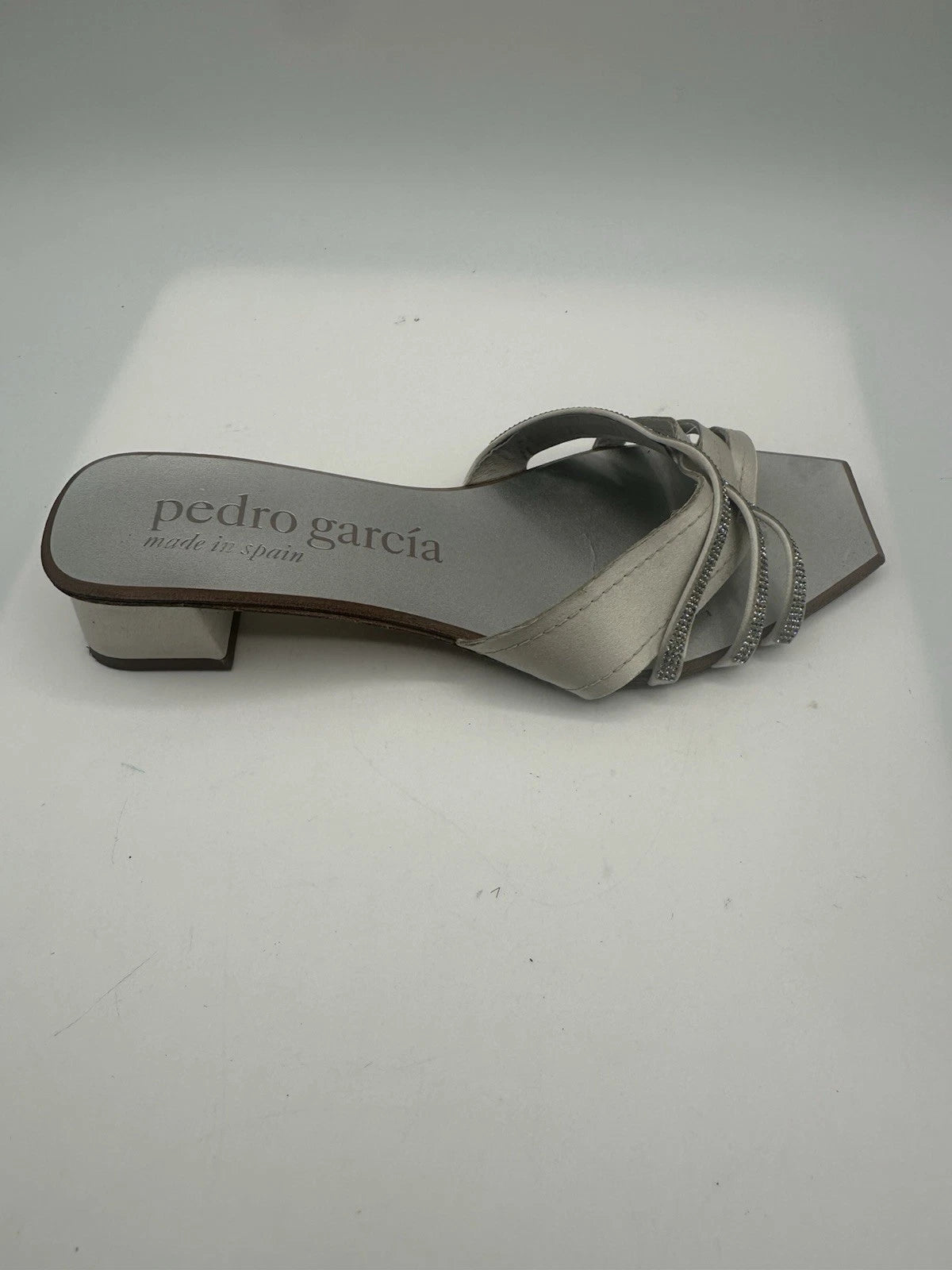 Pedro Garcia Light Gray Satin Swarovski Strap Slide Low-Heel Sandal Women Sz 38