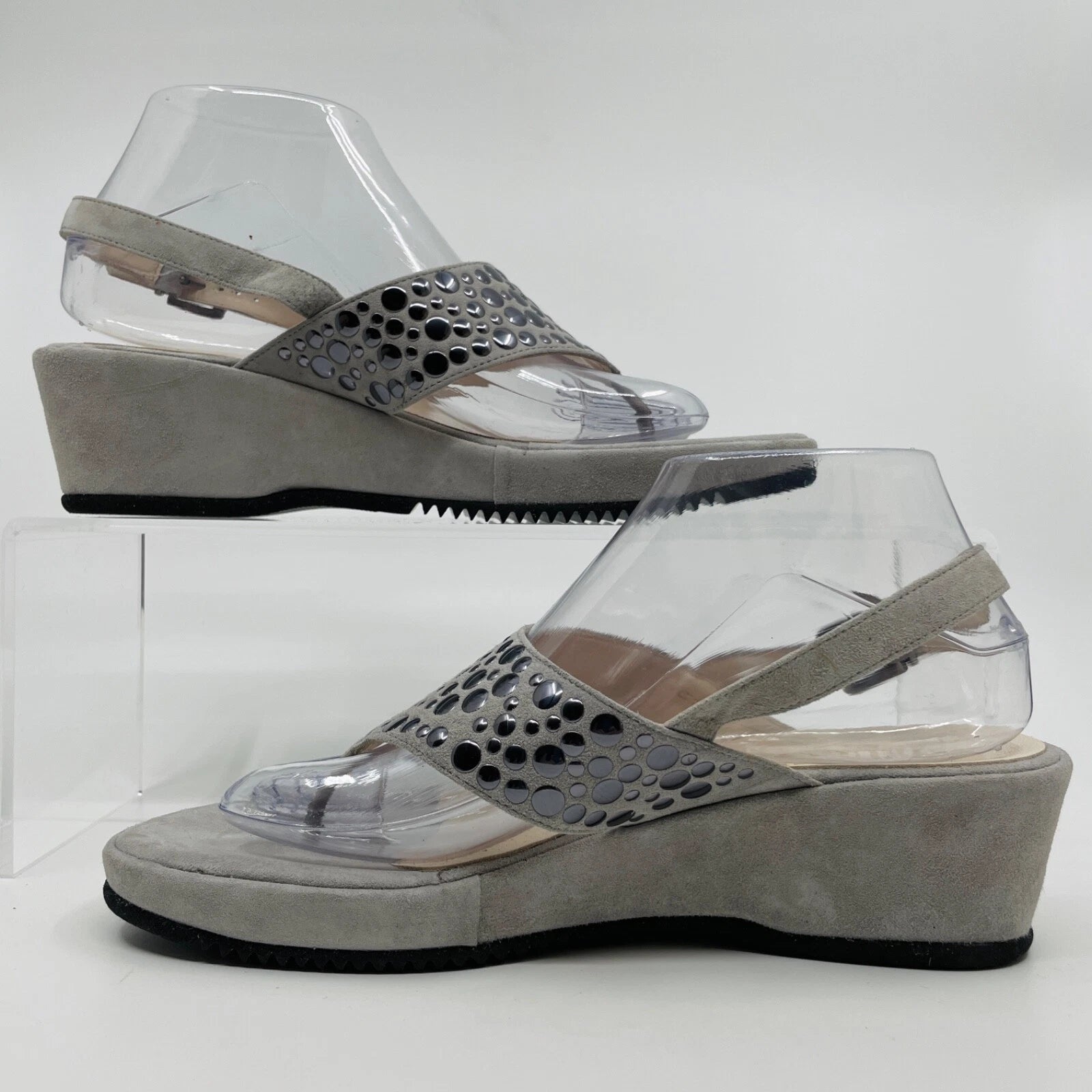 Sesto Meucci Size 10 Gray Suede & Silver Dots Wedge Toe Post Sandals NEW