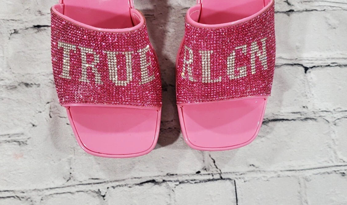 True Religion Bling Silver Pink Stoned Sandals Block Heels WOMENS SIZE 11