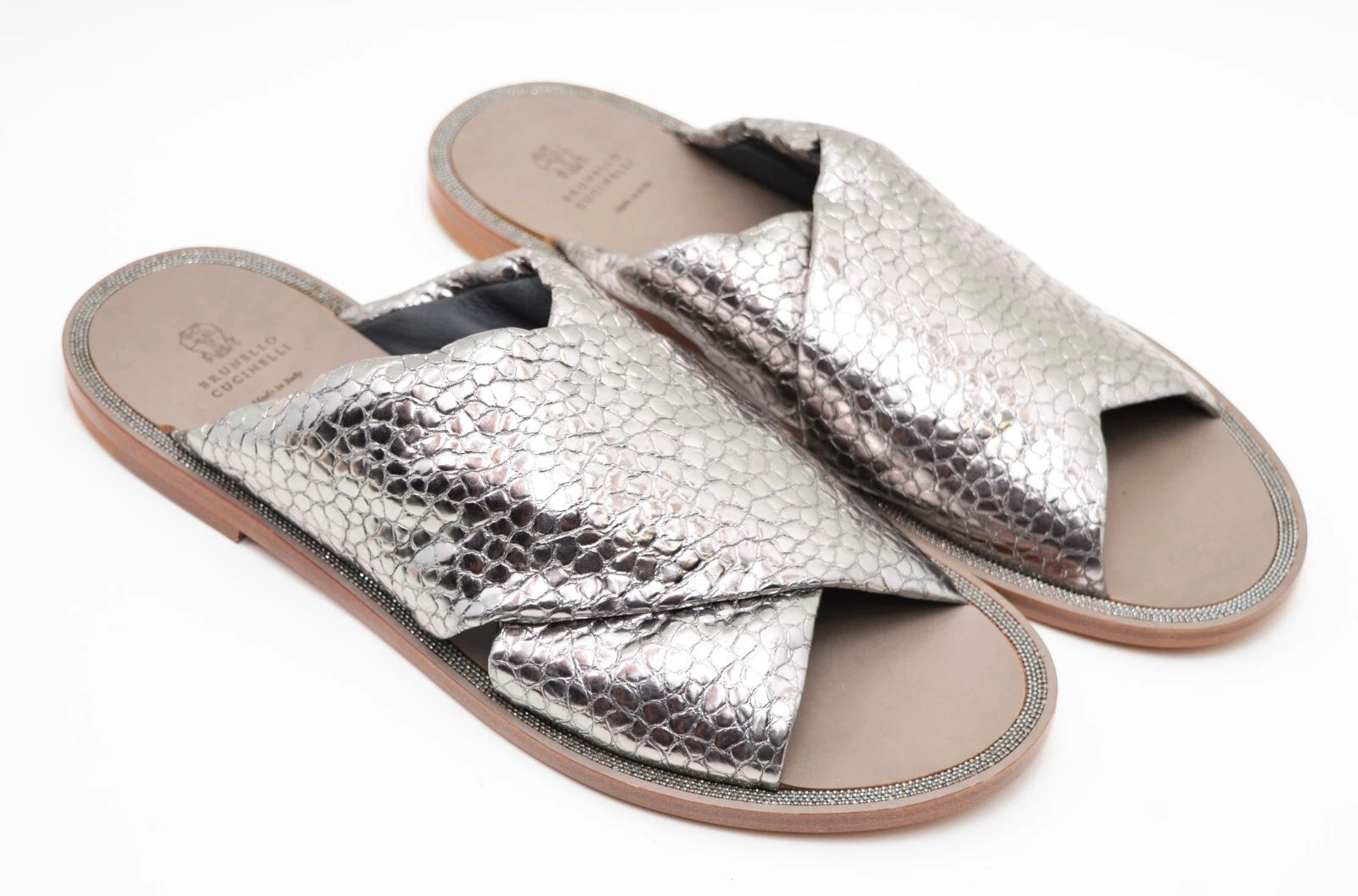 Brunello Cucinelli Reptile Print Metallic Silver leather Slide Sandals  Sz EU 40