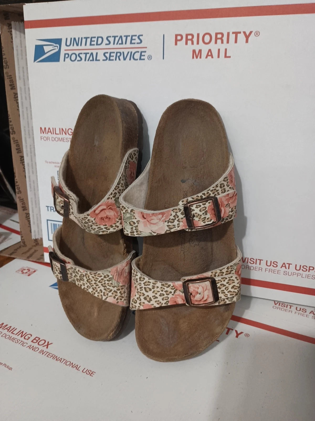 Birki's Arizona Cheetah Rose Design Cork Bed Sandal Slides Sz 36 Animal Print