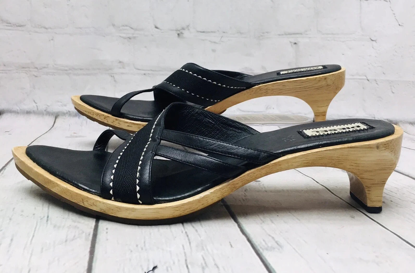 Diesel Black Leather Wooden Heel Slide Sandals Women’s Size 9 Point Toe Strap