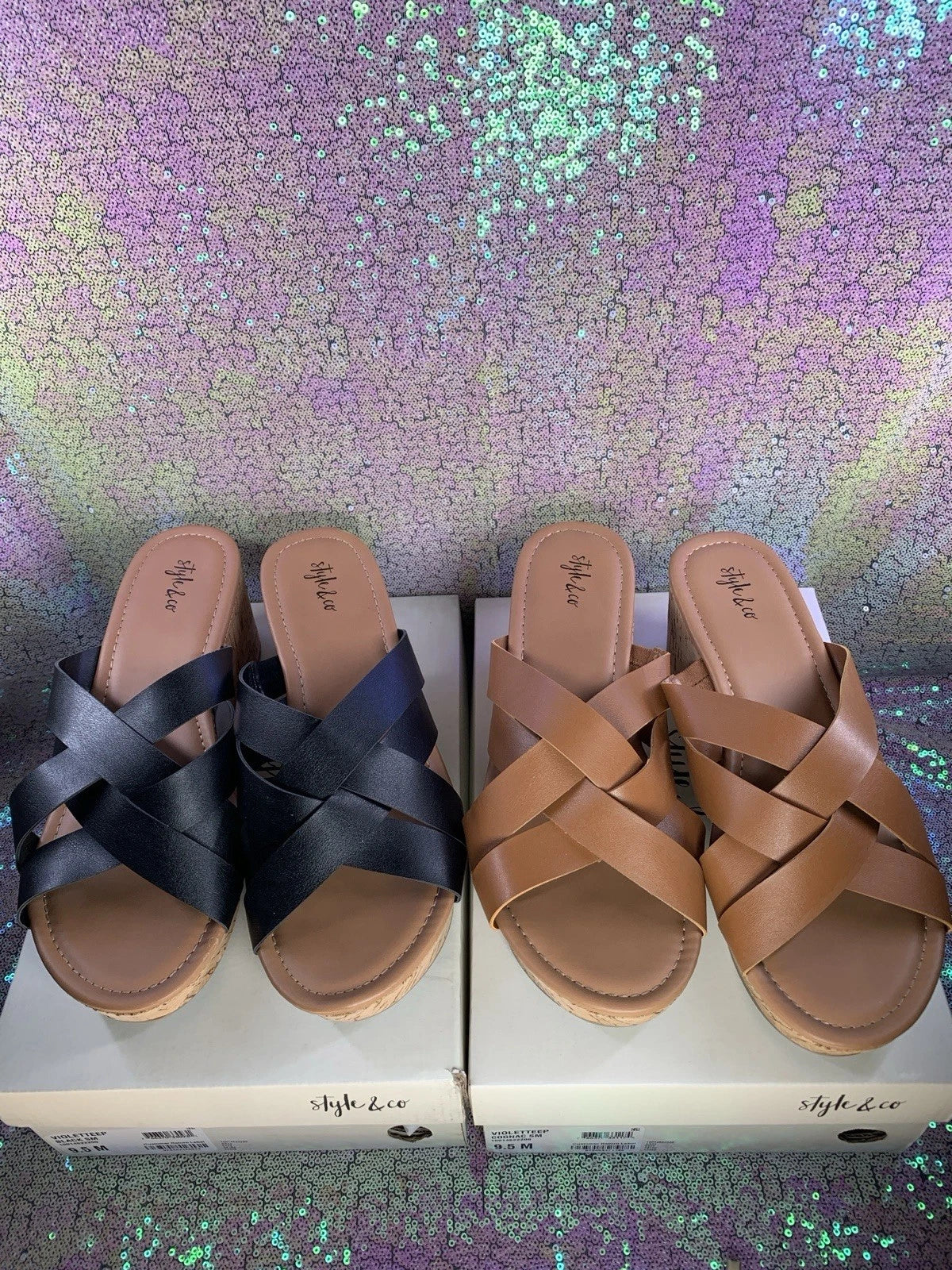 STYLE & CO Women's Black & Brown Smooth Violettee Slide Wedge Sandals SZ 9.5