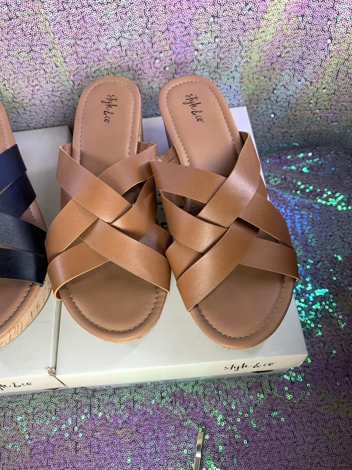 STYLE & CO Women's Black & Brown Smooth Violettee Slide Wedge Sandals SZ 9.5