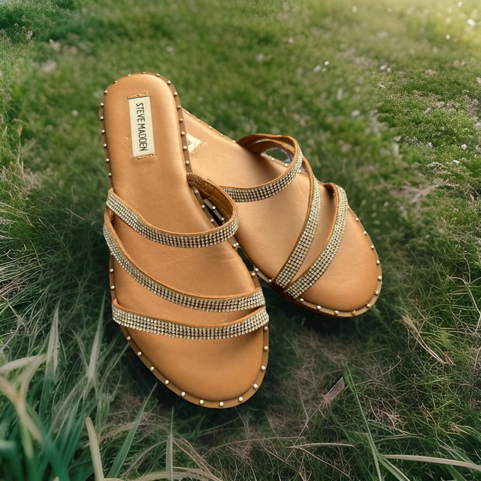 Steve Madden Skyler Black Fashion Flat Embellished Slip On Sandals, Size 8