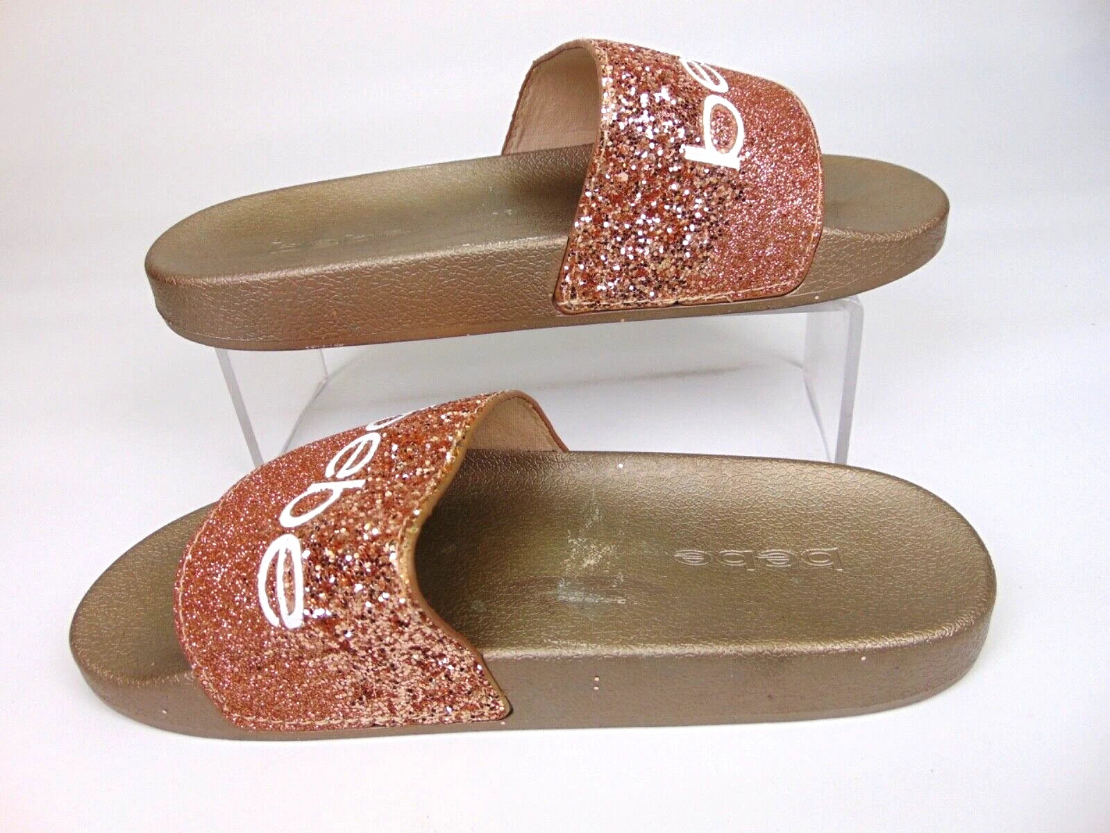 Bebe Women's Fraida Glitter Slide Fashion Sandals Flats Size 8.0 M, Rose Gold